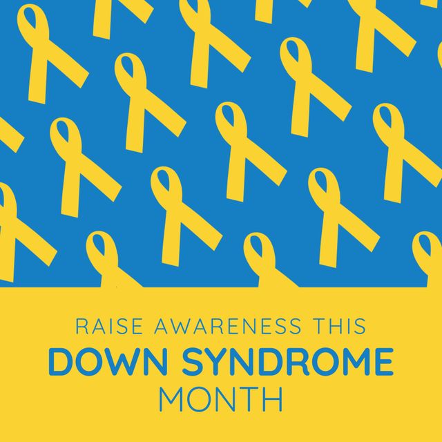 Yellow ribbons symbolizing Down Syndrome Awareness Month on blue background. Ideal for use in social media campaigns, educational materials, charity events, and community outreach programs to promote awareness and support for individuals with Down syndrome.