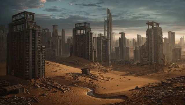 Abandoned skyscrapers in desert dystopian wasteland