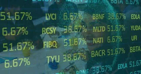 Business team discussing financial data around conference table with stock ticker overlay