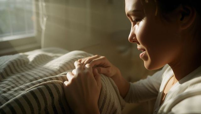 Smiling woman smoothing striped blanket by sunlit window, cozy morning serene domestic moment