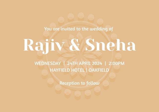 Formal and elegant wedding invitation featuring details for Rajiv and Sneha's wedding on a beige background with a subtle flower design. Perfect for announcing wedding details in a sophisticated and stylish manner.