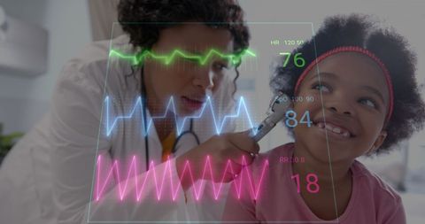 Female doctor conducts ear examination on smiling child with health data overlay