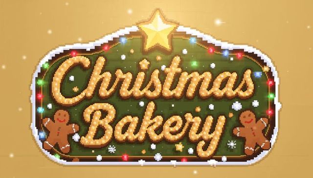 Retro pixel marquee christmas bakery sign with glowing bulbs, gingerbread cookies, gold star