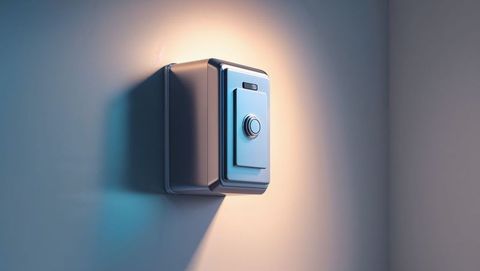 Metal safe on wall with combination dial and led indicator