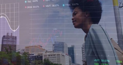 Businesswoman Analyzing Urban Market Trends Through Cityscape