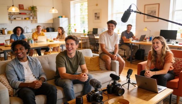 Young creators recording podcast in cozy home studio with cameras and mics