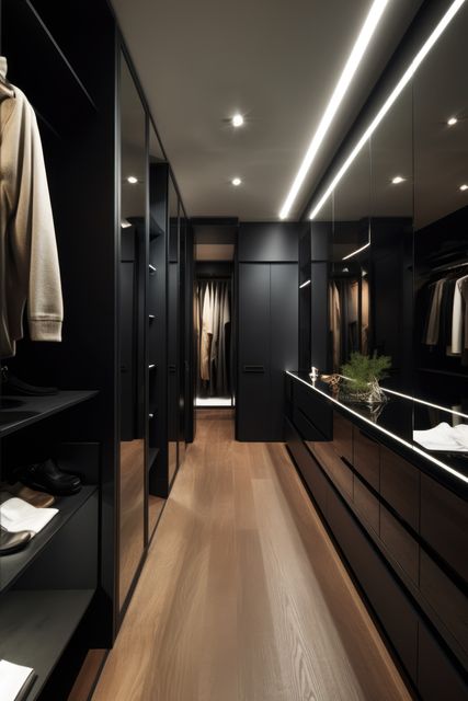 Modern dark walk in wardrobe with mirror, created using generative ai technology. Interior design, home decor and clothes storage concept digitally generated image.
