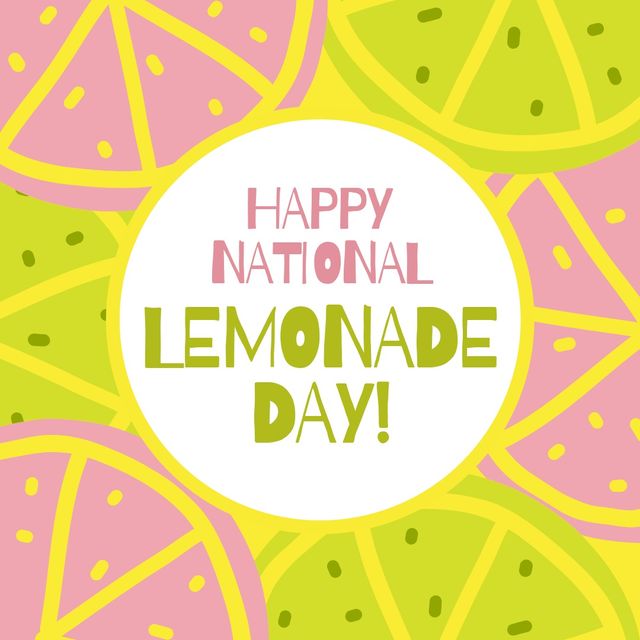 This bright and cheerful illustration features the text 'Happy National Lemonade Day' surrounded by vibrant purple and green lemon slices. Perfect for promoting lemonade day events, summer festivities, and citrus-themed parties. Suitable for social media graphics, flyers, posters, and invitations.