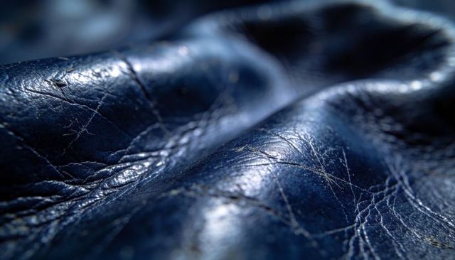 Dark blue leather macro texture showing creases scratches glossy folds and grain