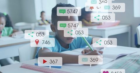 Elementary student writing in classroom with digital learning and notification overlays