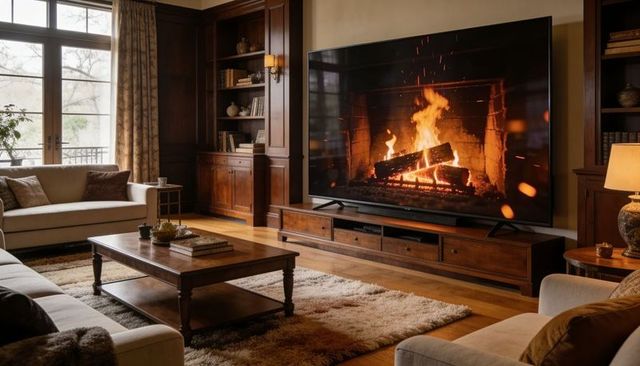 Cozy living room with large flat-screen tv showing roaring fireplace and warm wood decor