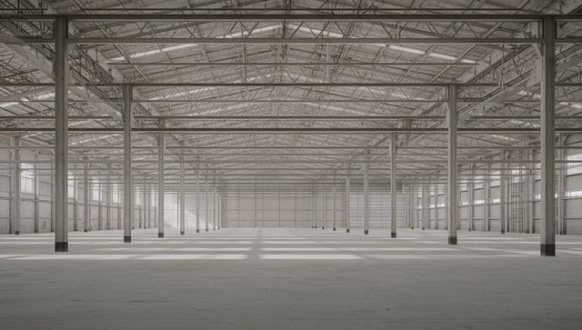 Revealing vast empty warehouse interior with steel columns, skylights, symmetrical trusses