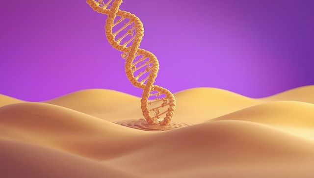 Golden DNA Double Helix in Surreal Desert Landscape