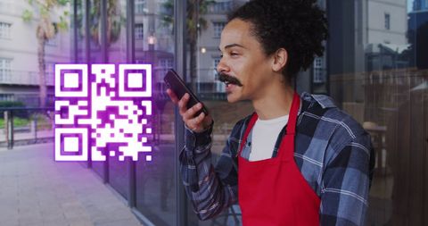 Entrepreneur Using Smartphone with QR Code Technology Overlay - Download Free Stock Images Pikwizard.com
