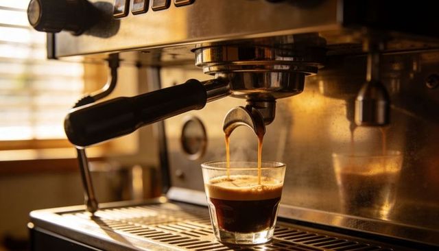 Commercial espresso machine pouring rich espresso into glass with crema forming in warm golden light