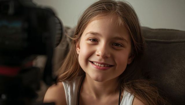 Smiling preteen girl recording with dslr on couch under warm soft light, home portrait