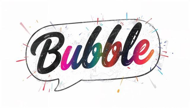Colorful grunge speech bubble lettering with rainbow gradient and ink splatter