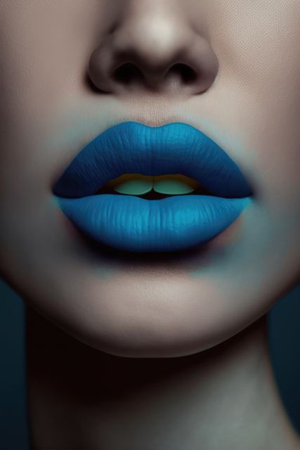 Focusing on vibrant, blue lips with a professional makeup application on a model's face. Perfect for use in beauty blogs, cosmetic advertisements, fashion editorials, or promotional materials for makeup artists and cosmetic brands.