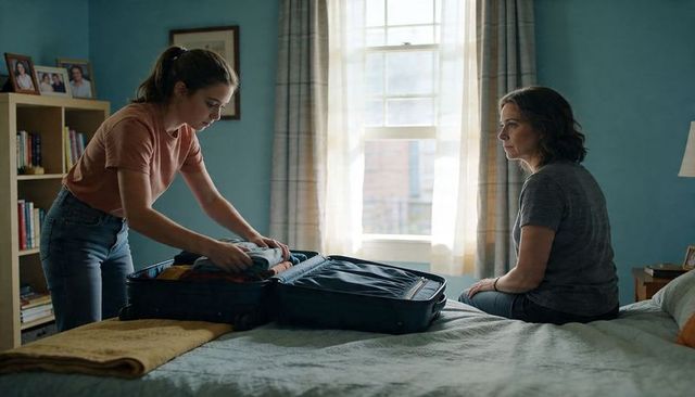 Teen daughter packing suitcase while mother watching in quiet bedroom