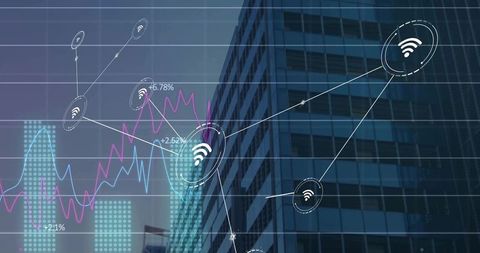 Connected wi-fi network overlay visualizing urban data analytics, smart city connectivity