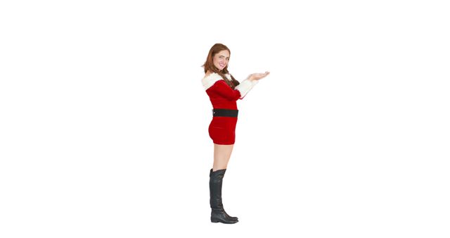 Cheerful Young Woman in Santa Dress Showing Open Hands - Download Free Stock Images Pikwizard.com