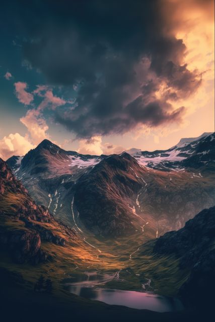 Beautiful shot of snow-capped mountain peaks during a dramatic sunset, with warm light and a lush valley below. Perfect for travel websites, nature photography galleries, adventure brochures, landscape artwork, and inspirational posters.