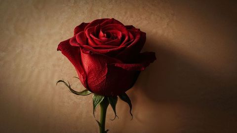 Red Rose with Velvety Petals on Brown Background