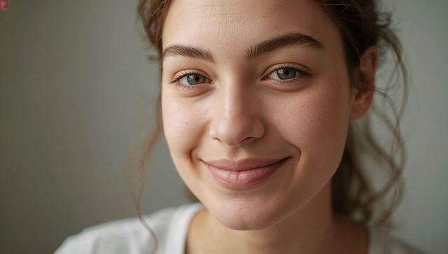 Smiling young woman closeup portrait with freckles and pulled-back hair in soft light