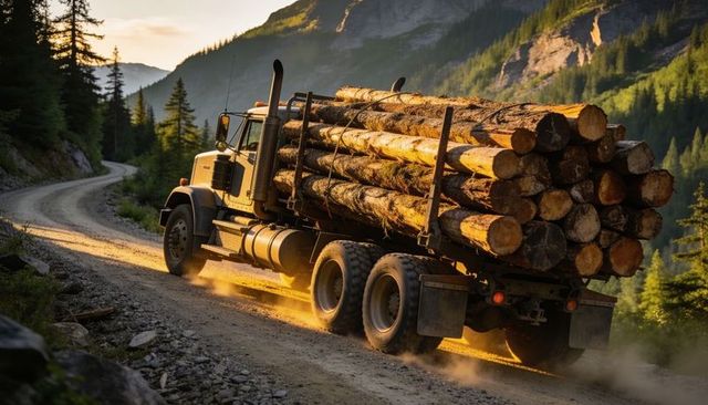Yellow logging semi-truck hauling stacked logs on mountain gravel road at golden hour