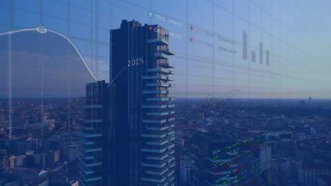 Digital Statistical Overlay on Urban Skyline at Sunset