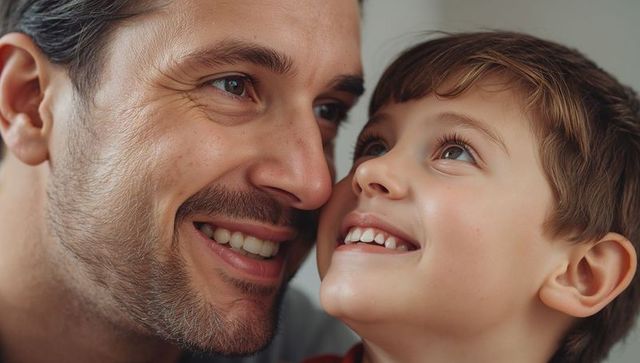 Smiling father and son leaning cheek-to-cheek, sharing joyful close-up family bond moment