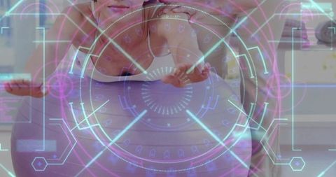 Woman Balancing on Stability Ball with Futuristic HUD Overlay Core Strength Training