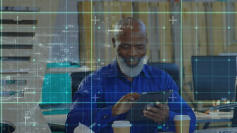 Businessman Analyzing Data on Tablet with Futuristic Interface