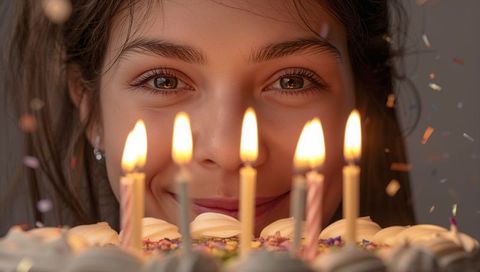 Young girl celebrating birthday blowing out five candles on cake with confetti