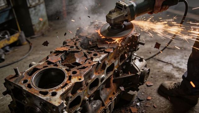 Mechanic grinding rusted engine block with angle grinder sending dramatic sparks