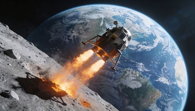 Lunar lander firing main engines while lifting off moon surface with earth looming