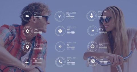 Young couple cycling with futuristic hud overlay for data visualization and lifestyle tech