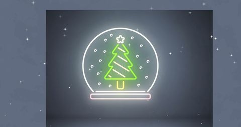 Neon Christmas Tree in Snow Globe on Gray Background