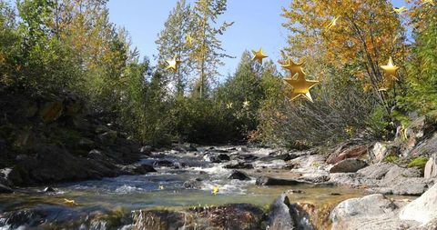 Autumn creek with flowing water and floating golden stars for holiday nature concept