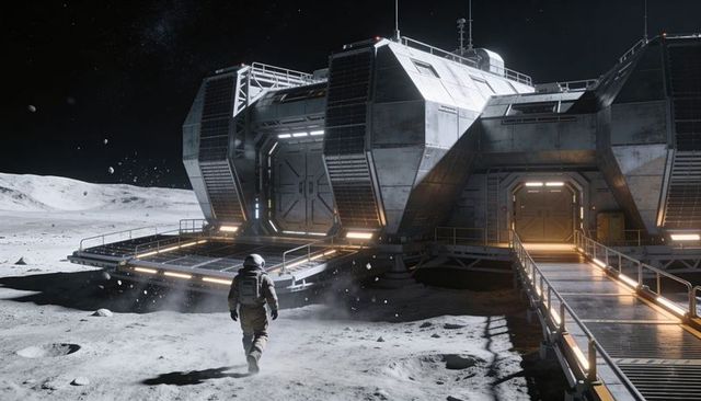 Astronaut walking toward lunar outpost with illuminated airlock on moon surface
