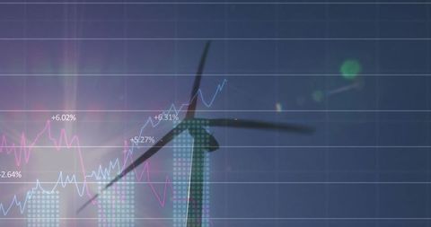 Wind energy financial growth chart with wind turbine silhouette