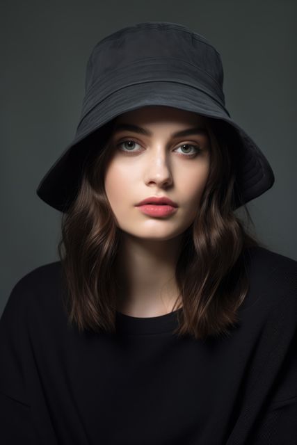 Portrait of woman with black bucket hat on black background, created using generative ai technology. Fashion, hats and headwear concept digitally generated image.