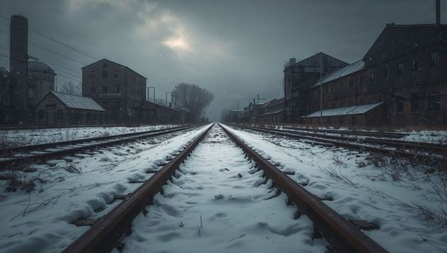 Stretching snow-covered railroad leading through foggy abandoned industrial rail yard dusk