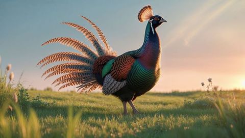 Majestic pheasant animal displaying vibrant plumes on serene meadow