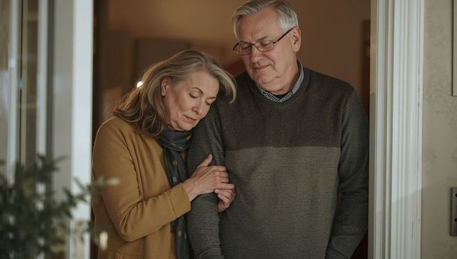 Senior couple leaning in entryway holding arm, conveying comfort and companionship
