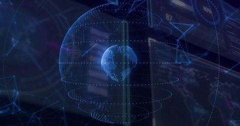 Rotating holographic globe pulsing cyan rings within virtual dashboard, data nodes neon mesh