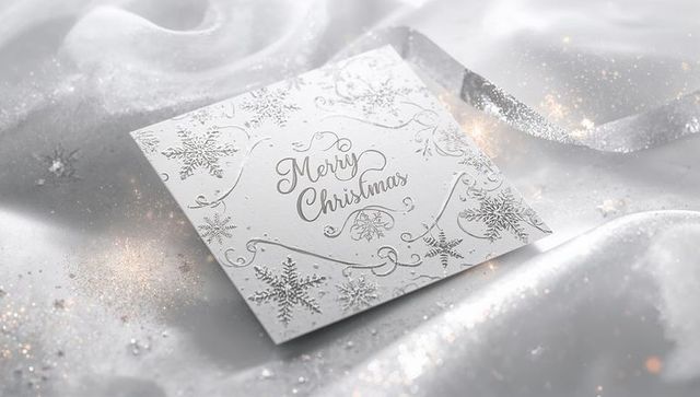 Embossed merry christmas card resting on satin with silver ribbon and glitter accents