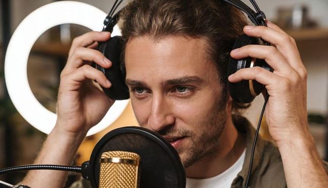 Male podcaster adjusting headphones while recording in home studio with gold microphone
