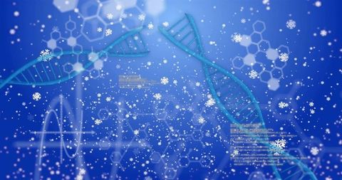 Blue DNA Helix Floating in Digital Winter Molecular Hologram with Snowflake Motifs