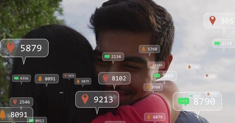 Couple embracing outdoors with social media notifications overlay for digital connection